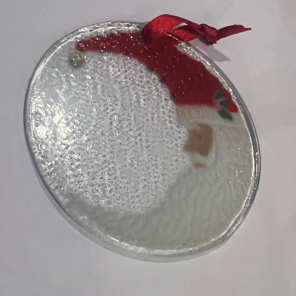 Santa Claus Glass Ornament with Red Ribbon